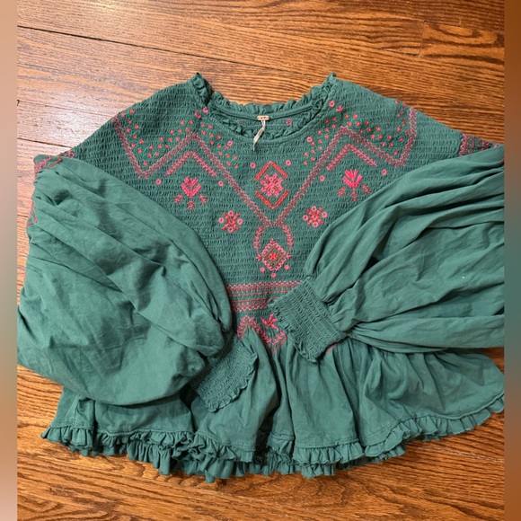 NWOT Free People Holly Embroidered Top- Green Combo - Picture 6 of 7